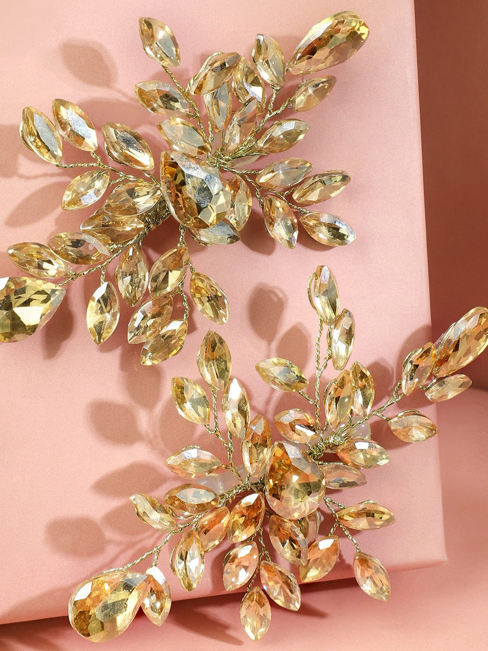 Rubans Handcrafted Golden & Silver Crystal Leaf Design Side Clip Hair Accessory Set of 2 for Women Head Jewellery