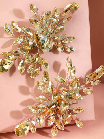 Rubans Handcrafted Golden & Silver Crystal Leaf Design Side Clip Hair Accessory Set of 2 for Women Head Jewellery
