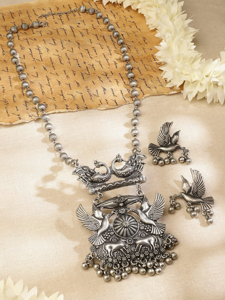 Rubans Handcrafted Oxidised Silver-Plated Bird & Deer Motif Statement Necklace Set for Women Jewellery Set
