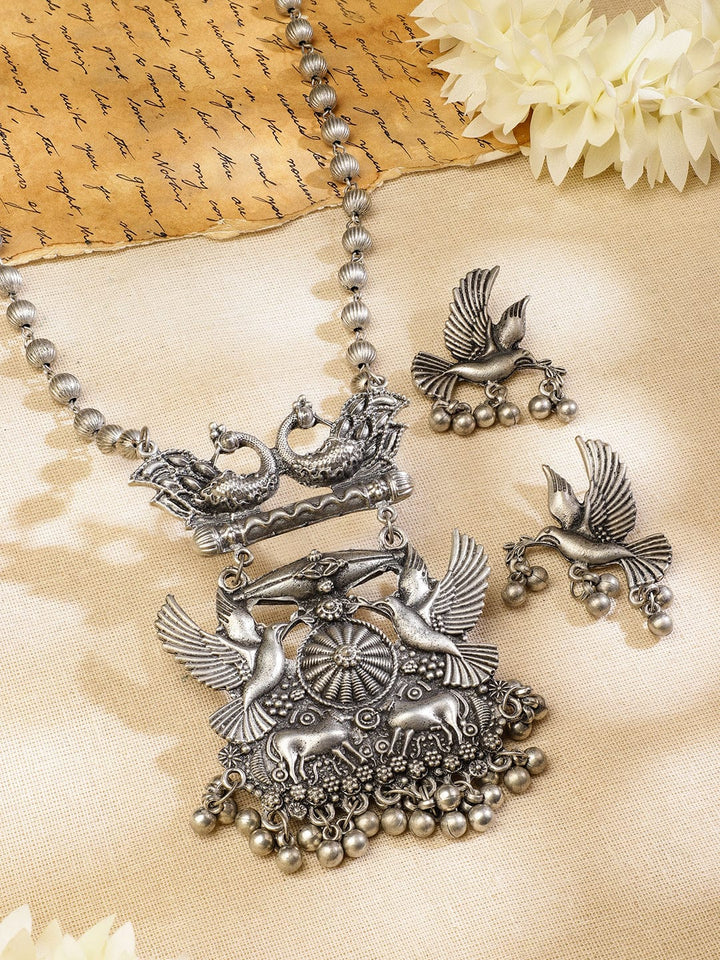 Rubans Handcrafted Oxidised Silver-Plated Bird & Deer Motif Statement Necklace Set for Women Jewellery Set