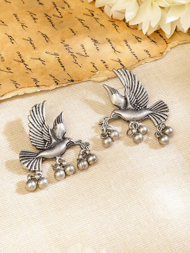 Rubans Handcrafted Oxidised Silver-Plated Bird & Deer Motif Statement Necklace Set for Women Jewellery Set