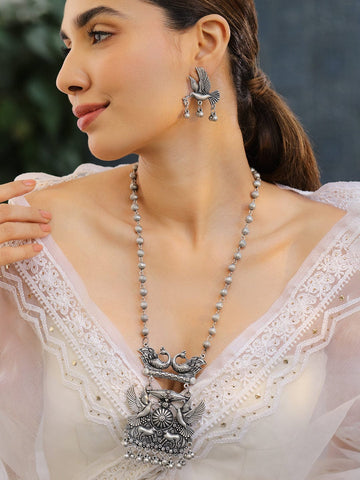 Rubans Handcrafted Oxidised Silver-Plated Bird & Deer Motif Statement Necklace Set for Women Necklace Set