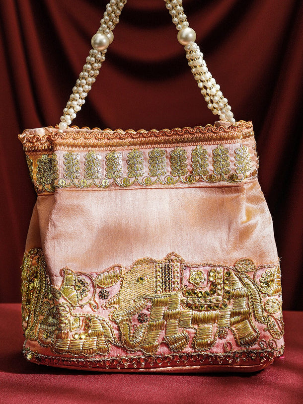 Rubans Handcrafted Peach Pink Silk Potli Bag with Pearl Handle & Gold Embroidered Elephant Motif Bags