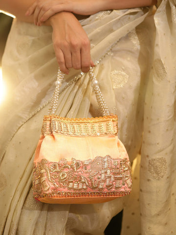 Rubans Handcrafted Peach Pink Silk Potli Bag with Pearl Handle & Gold Embroidered Elephant Motif Bags
