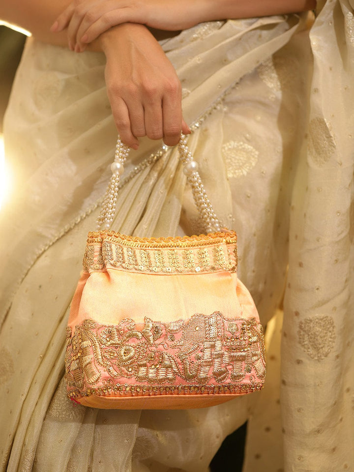 Rubans Handcrafted Peach Pink Silk Potli Bag with Pearl Handle & Gold Embroidered Elephant Motif Bags
