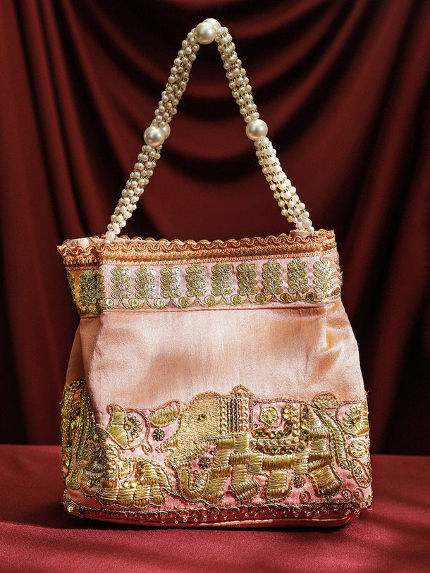 Rubans Handcrafted Peach Pink Silk Potli Bag with Pearl Handle & Gold Embroidered Elephant Motif Bags