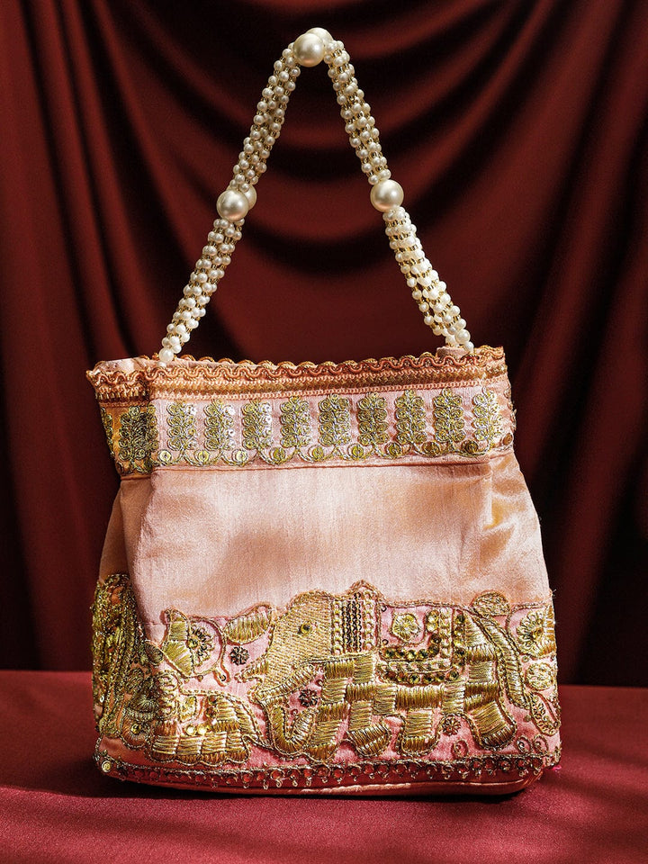 Rubans Handcrafted Peach Pink Silk Potli Bag with Pearl Handle & Gold Embroidered Elephant Motif Bags