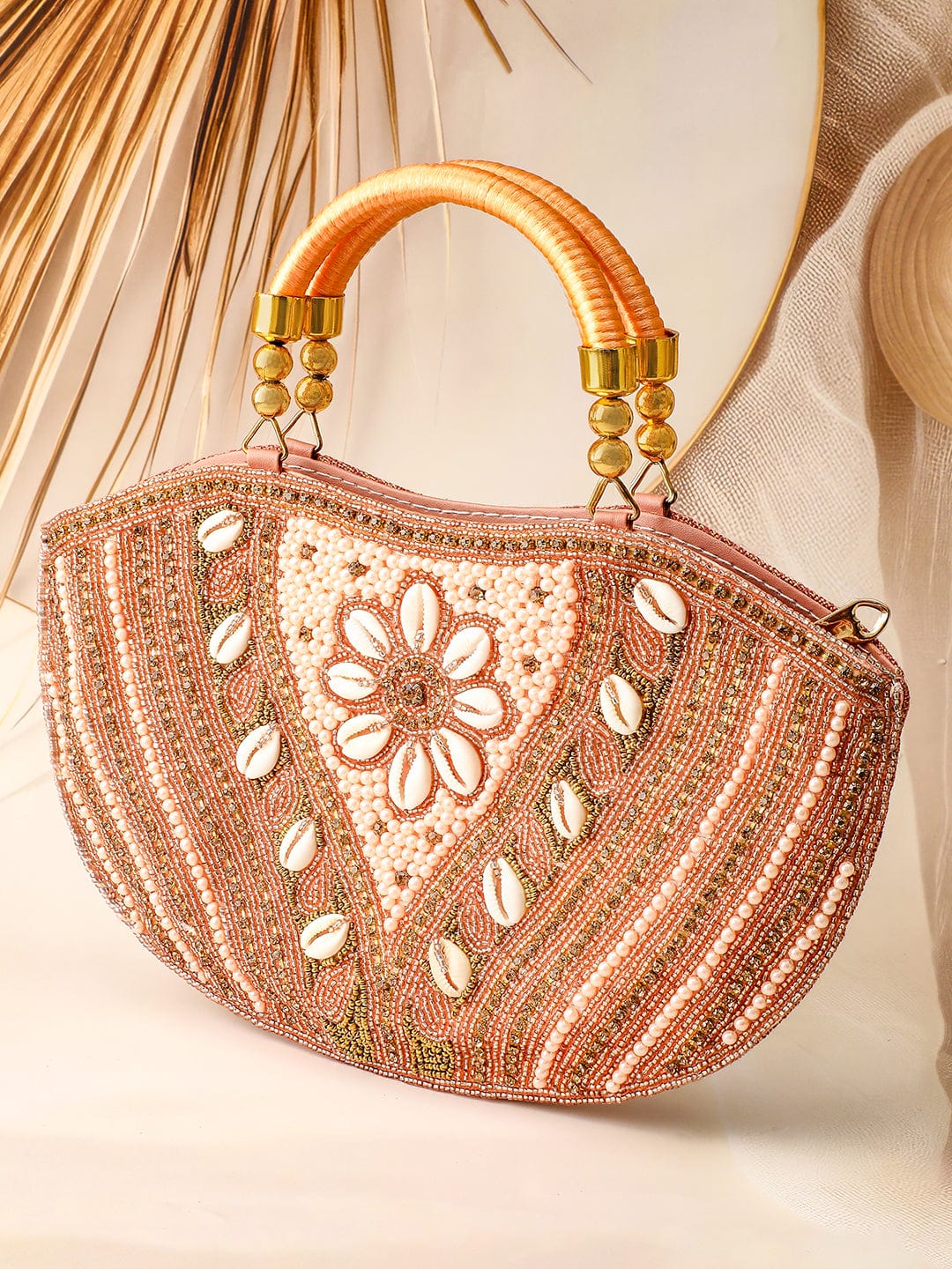 Rubans Handcrafted Peachy Pink Beaded & Shell-Embellished Handbag?Floral Design Handle Bag Bags