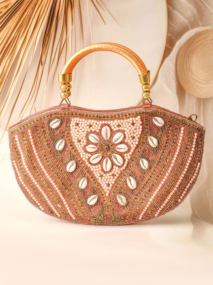 Rubans Handcrafted Peachy Pink Beaded & Shell-Embellished Handbag?Floral Design Handle Bag Bags