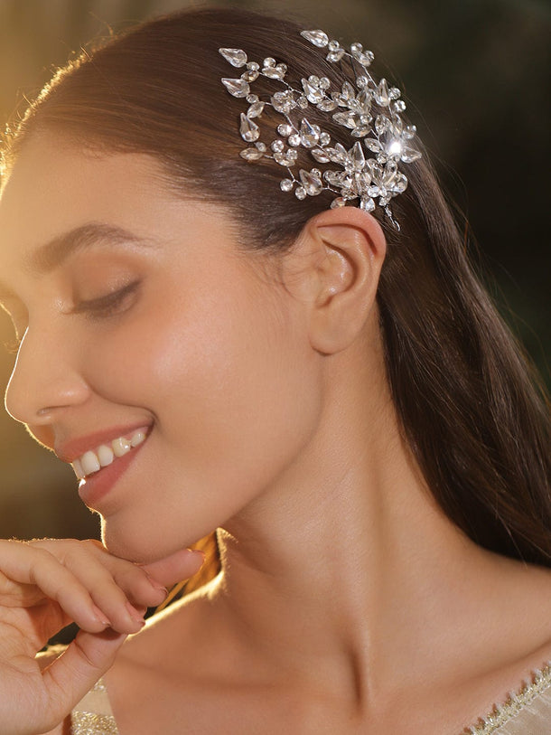 Rubans Handcrafted Silver-Toned Crystal Floral Side Clip Hair Accessory for Women Hair Accessories