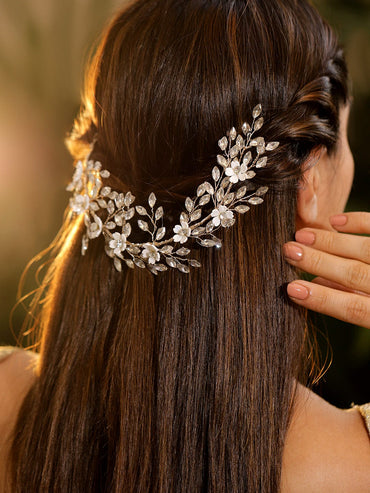 Rubans Handcrafted Silver-Toned Crystal Floral Tiara Hair Accessory with Pearls for Women Head Jewellery