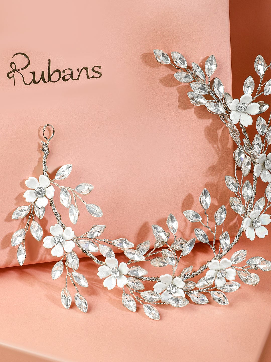 Rubans Handcrafted Silver-Toned Crystal Floral Tiara Hair Accessory with Pearls for Women Head Jewellery