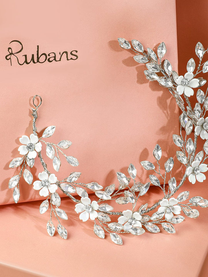 Rubans Handcrafted Silver-Toned Crystal Floral Tiara Hair Accessory with Pearls for Women Head Jewellery