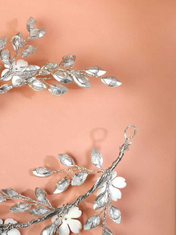 Rubans Handcrafted Silver-Toned Crystal Floral Tiara Hair Accessory with Pearls for Women Head Jewellery