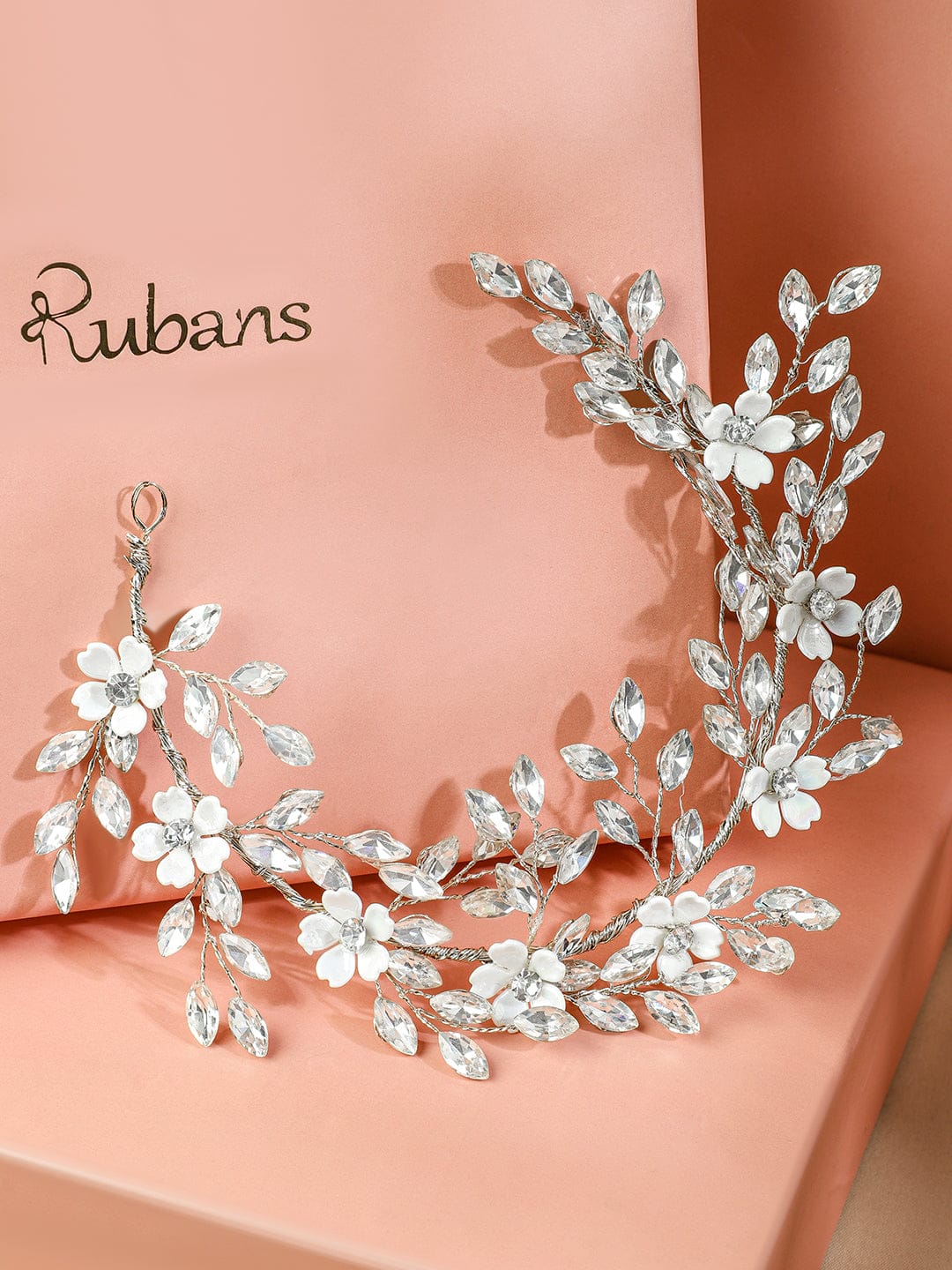 Rubans Handcrafted Silver-Toned Crystal Floral Tiara Hair Accessory with Pearls for Women Head Jewellery