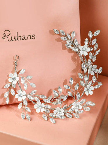 Rubans Handcrafted Silver-Toned Crystal Floral Tiara Hair Accessory with Pearls for Women Head Jewellery