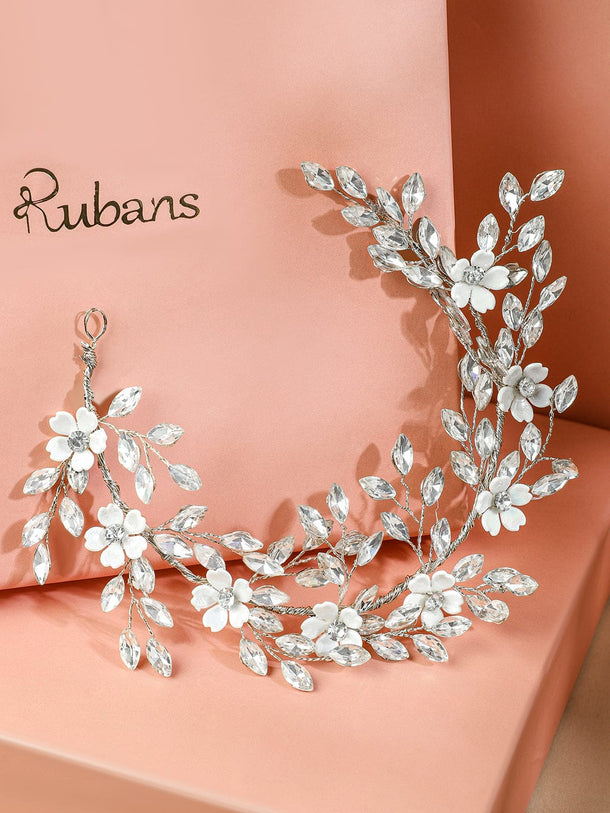 Rubans Handcrafted Silver-Toned Crystal Floral Tiara Hair Accessory with Pearls for Women Head Jewellery