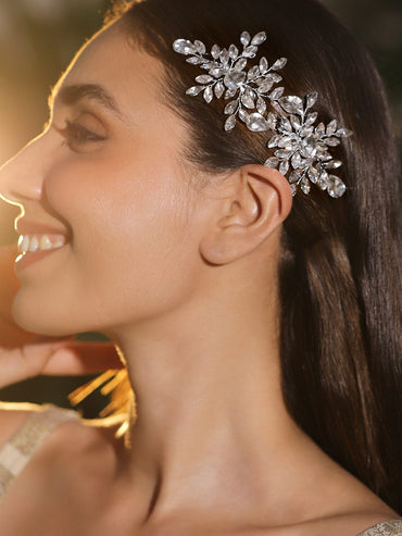 Rubans Handcrafted Silver-Toned Crystal Leaf Design Side Clip Hair Accessory Set of 2 for Women Hair Accessories