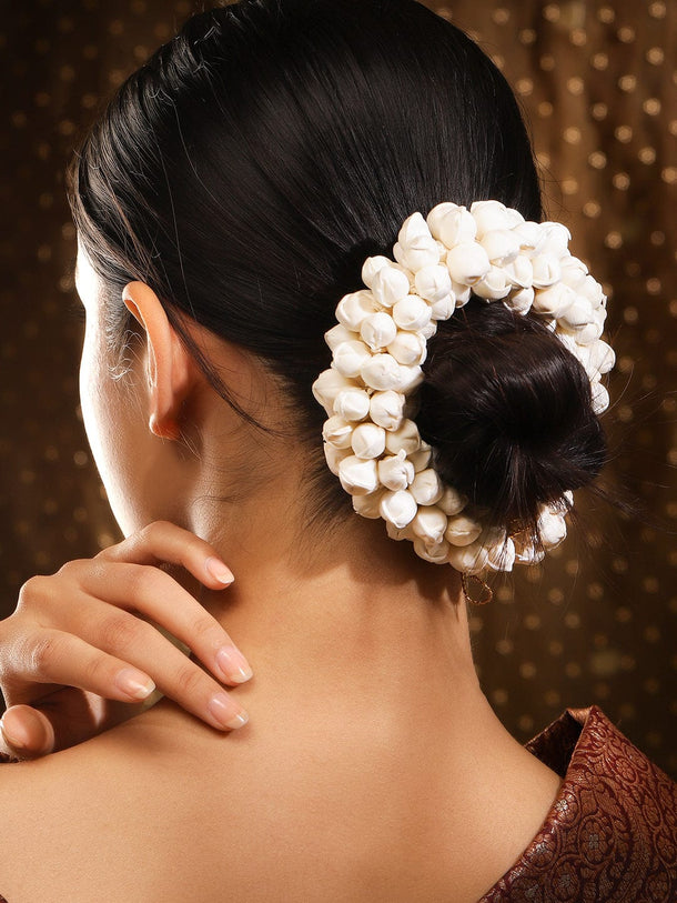 Rubans Handcrafted White Faux Flower Hair Bun Accessory with Golden Thread Detailing Hair Accessories
