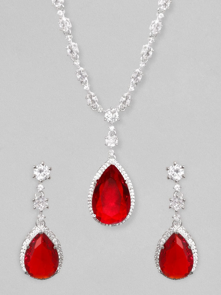 Rubans High Rhodium Finish, Premium White & Red Zircons Studded Party Wear Jewellery Set. Necklace Set