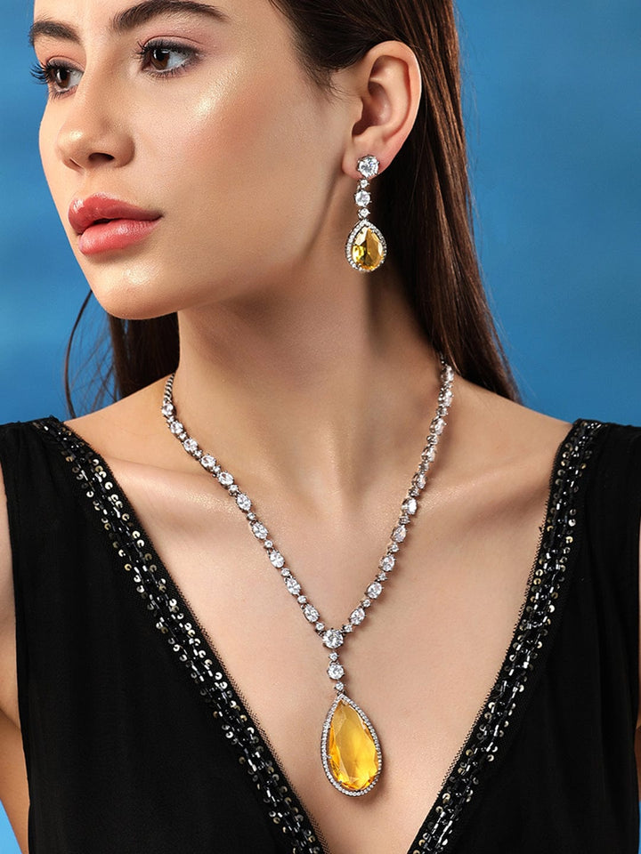Rubans High Rhodium Finish, Premium White & Yellow Zircons Studded Party Wear Jewellery Set. Necklaces, Necklace Sets, Chains & Mangalsutra