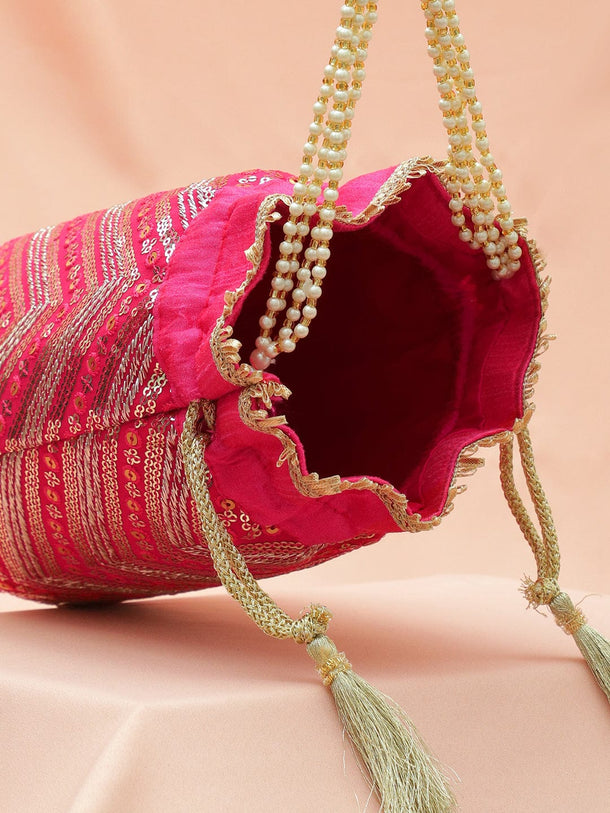 Rubans Hot Pink Sequin Embroidered Festive Potli Bag with Pearl Beaded Handle & Golden Tassels Bags