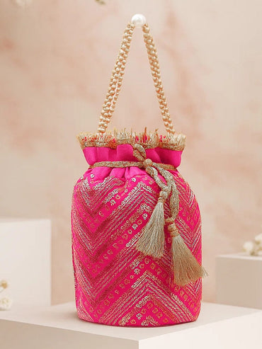 Rubans Hot Pink Sequin Embroidered Festive Potli Bag with Pearl Beaded Handle & Golden Tassels Bags