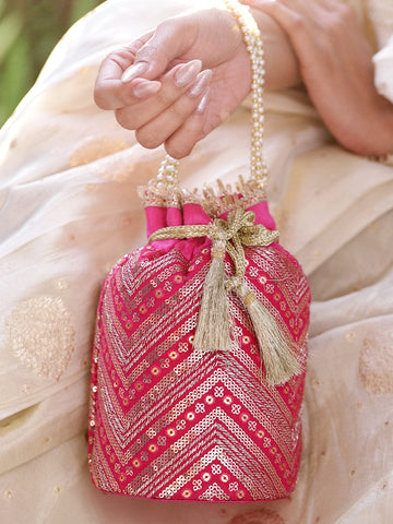 Rubans Hot Pink Sequin Embroidered Festive Potli Bag with Pearl Beaded Handle & Golden Tassels Bags