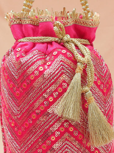 Rubans Hot Pink Sequin Embroidered Festive Potli Bag with Pearl Beaded Handle & Golden Tassels Bags