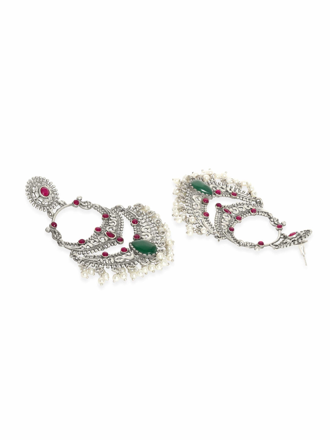 Rubans Illuminating Silver Base Chandbali Earrings with Green and Pink Stones Earrings