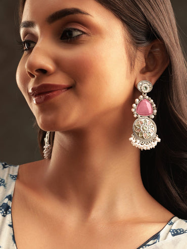 Rubans Intricate Engravings Oxidized Silver Plated Gemstone & Pearl Dangle Earrings Earrings