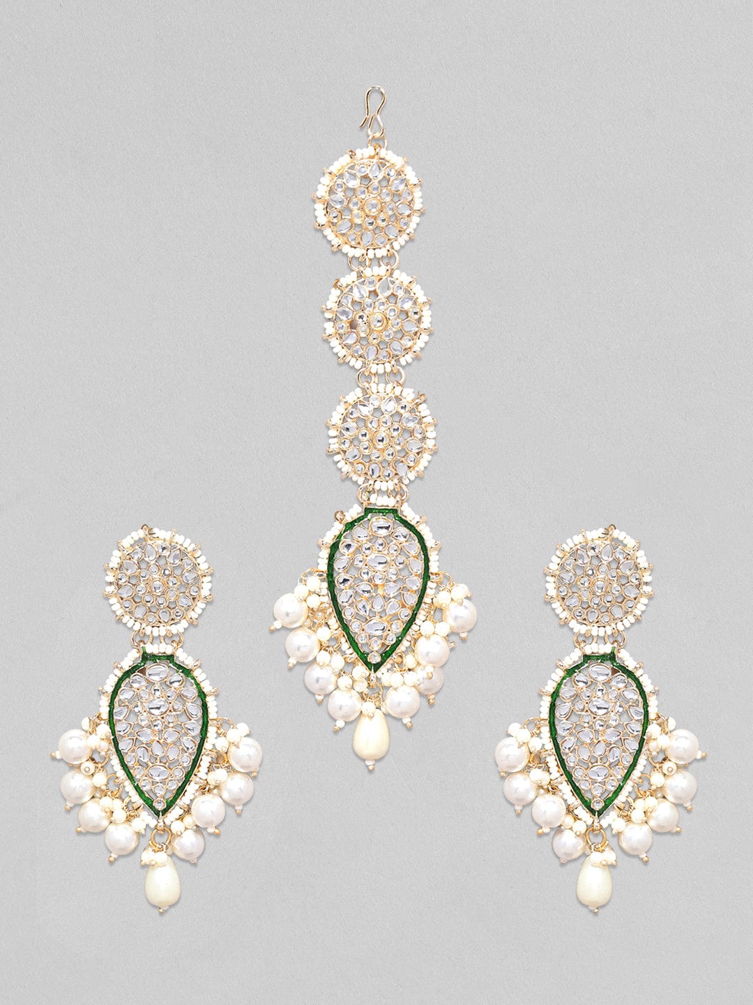 Rubans Kundan And Green Enameled Maangtikka and Earrings Set Jewelry Sets