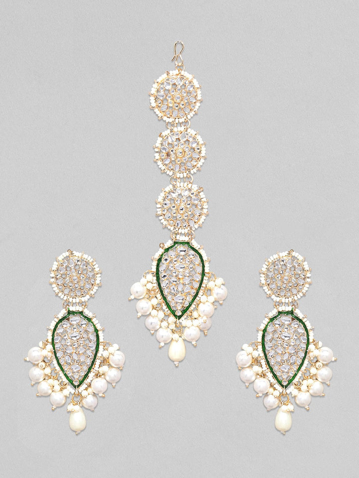 Rubans Kundan And Green Enameled Maangtikka and Earrings Set Jewelry Sets