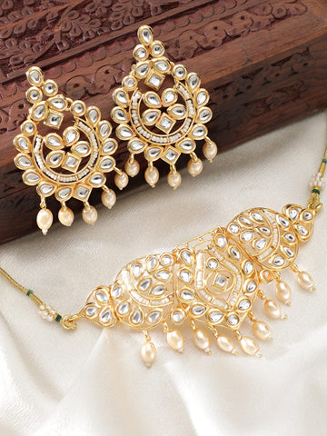 Rubans Kundan Choker Necklace Set with White Beads Necklace & Earring Combo