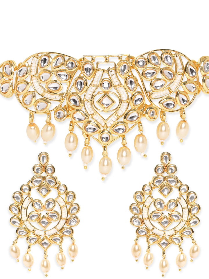 Rubans Kundan Choker Necklace Set with White Beads Necklace & Earring Combo
