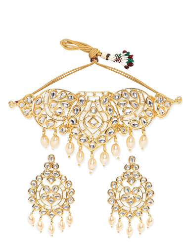 Rubans Kundan Choker Necklace Set with White Beads Necklace & Earring Combo