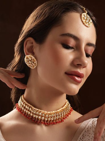 Rubans Kundan Choker Set with Red Beads Jewellery Sets