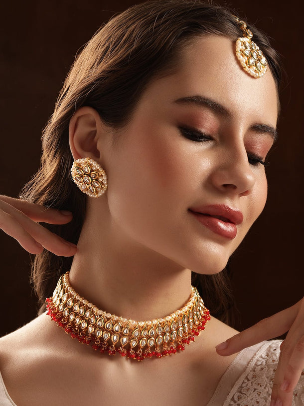 Rubans Kundan Choker Set with Red Beads Jewellery Sets