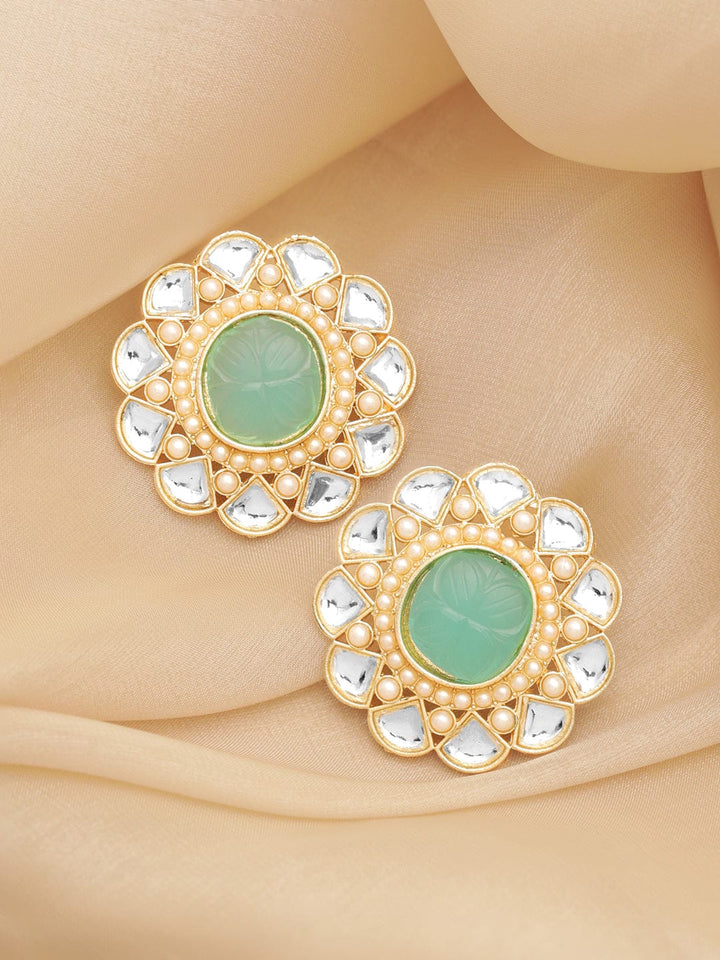 Rubans Kundan Earrings with Mint Blue Stone and White Beads Earrings