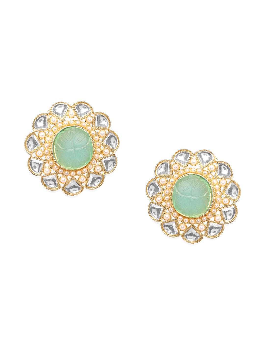 Rubans Kundan Earrings with Mint Blue Stone and White Beads Earrings