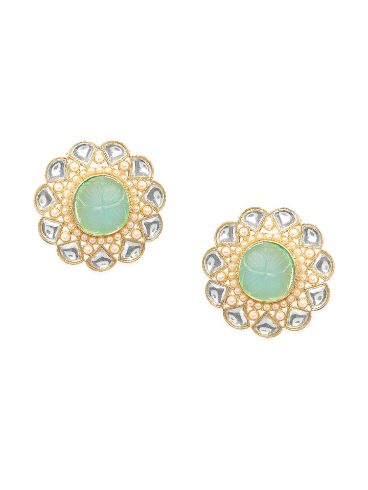 Rubans Kundan Earrings with Mint Blue Stone and White Beads Earrings