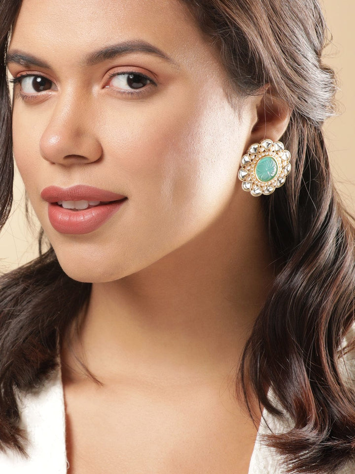 Rubans Kundan Earrings with Mint Blue Stone and White Beads Earrings