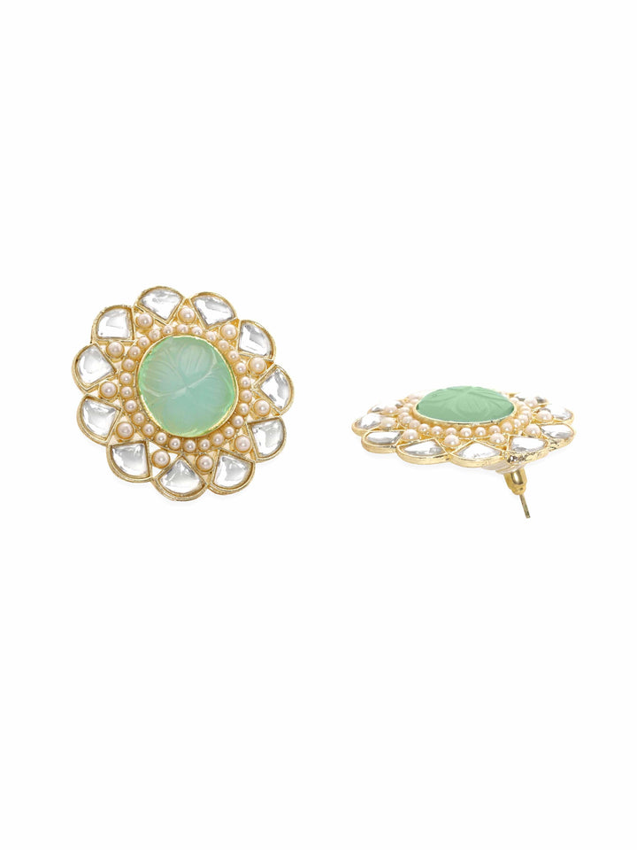 Rubans Kundan Earrings with Mint Blue Stone and White Beads Earrings