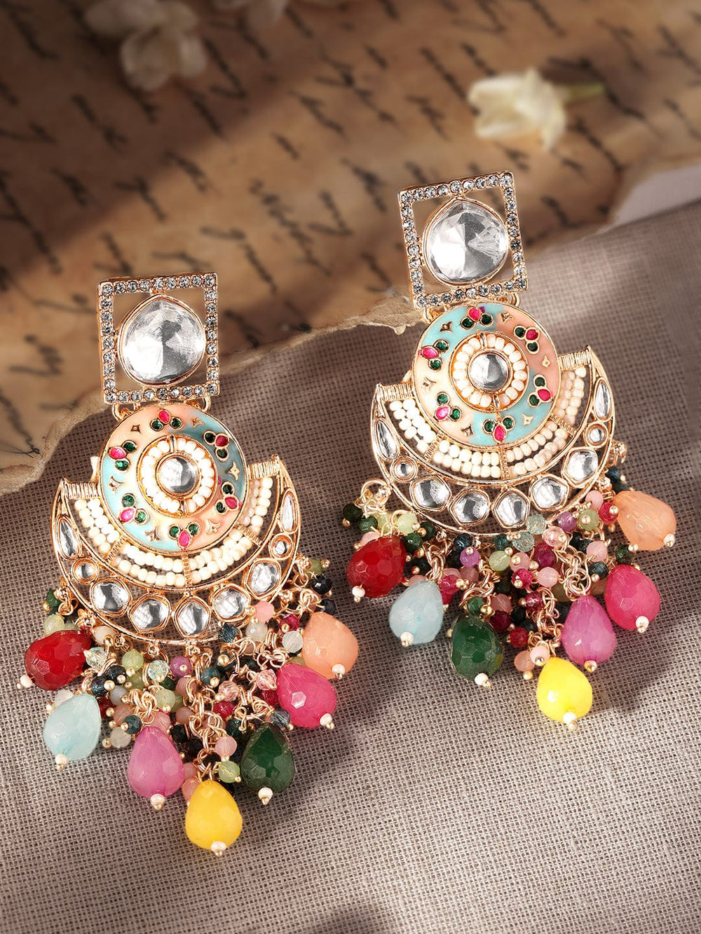 Rubans Kundan Elegance 22K Gold Plated Multicolour Beaded Chandbali Earrings Earrings