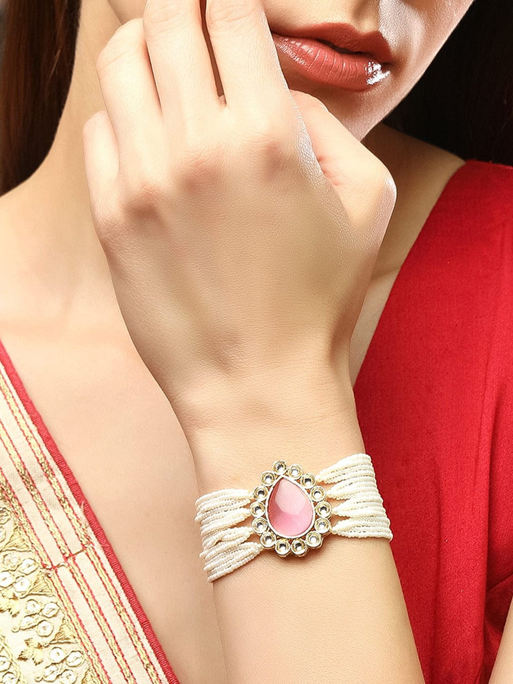 Rubans Kundan Pink Stone Pearl Bracelet Bangles & Bracelets