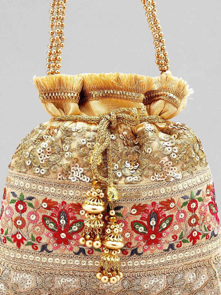 Rubans Light Brown Coloured Potli Bag With Multicoloured Embroidery Handbag & Wallet Accessories