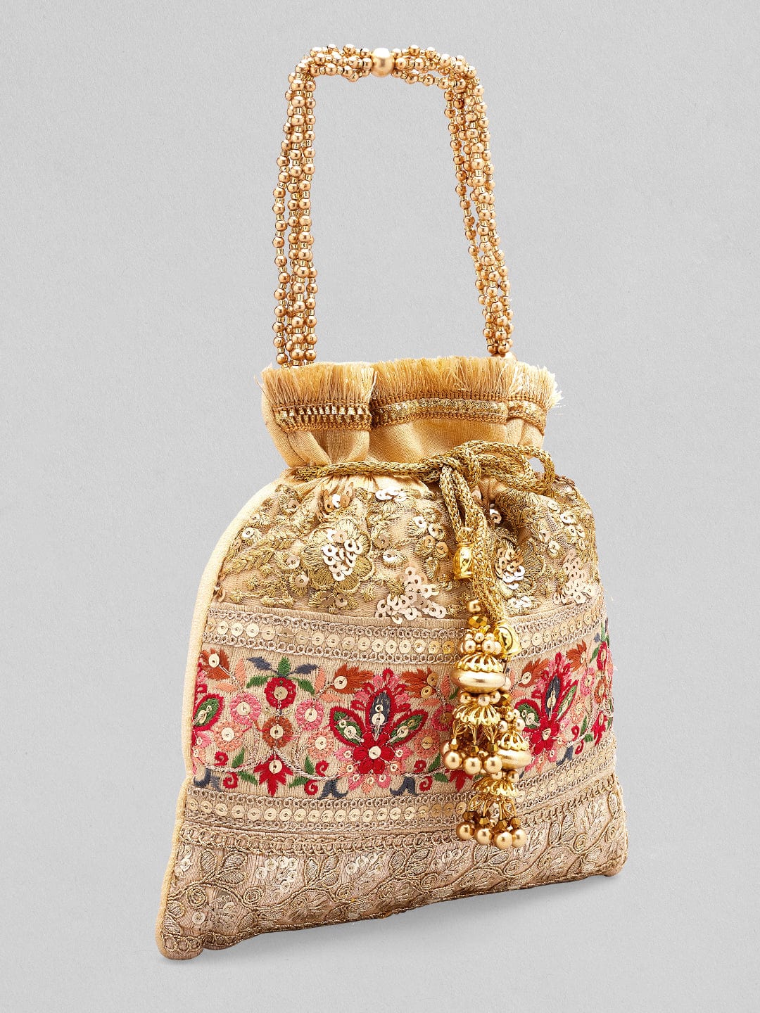 Rubans Light Brown Coloured Potli Bag With Multicoloured Embroidery Handbag & Wallet Accessories