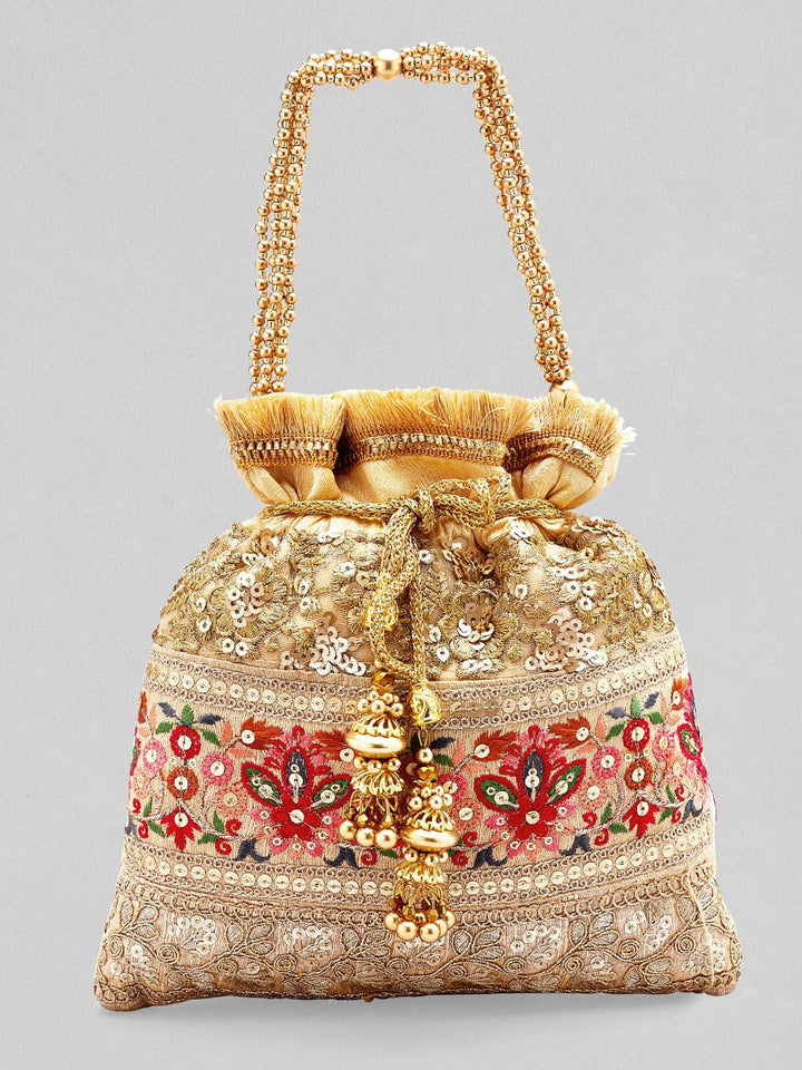 Rubans Light Brown Coloured Potli Bag With Multicoloured Embroidery Handbag & Wallet Accessories