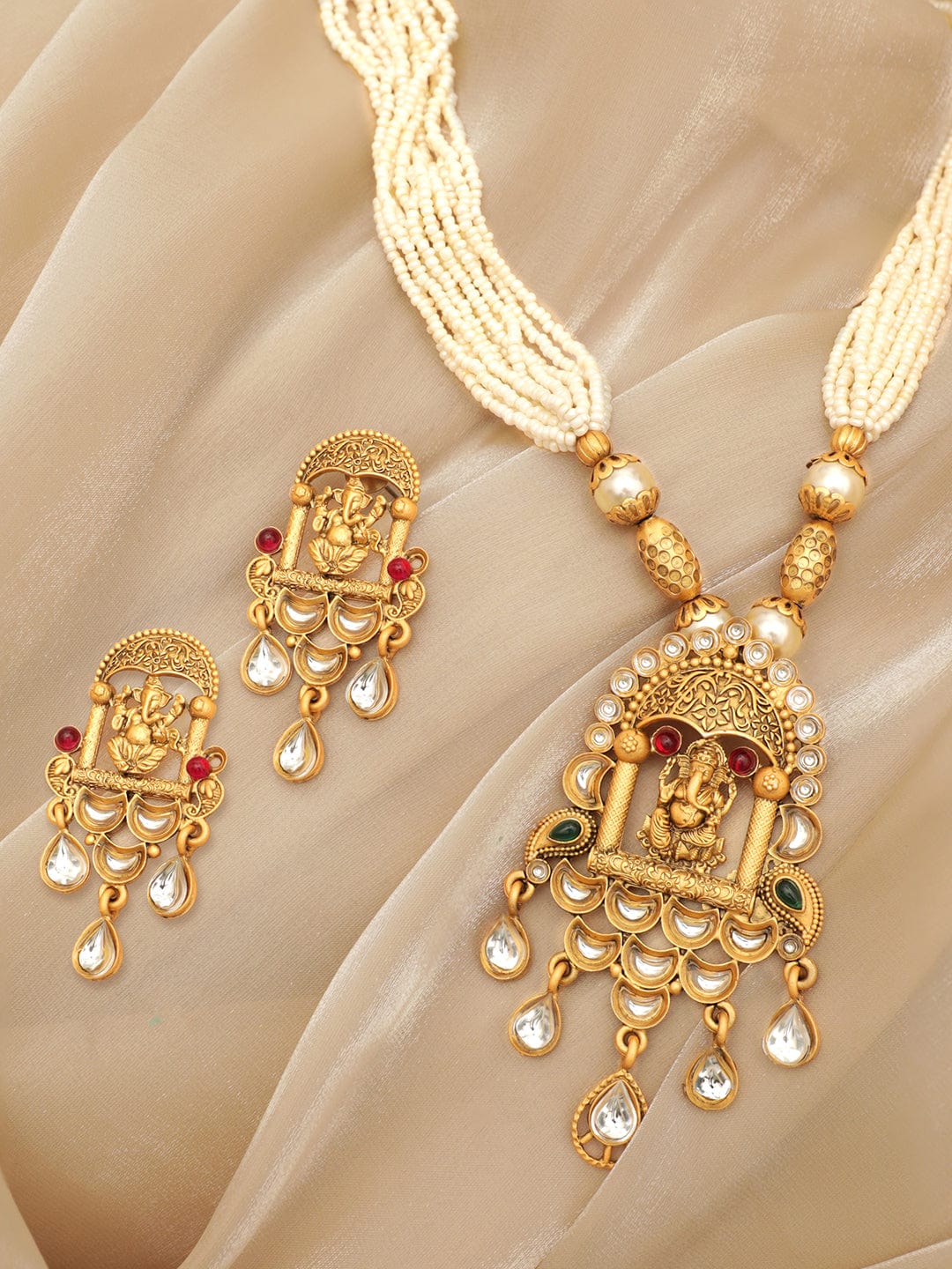 Rubans Lord Ganesha Temple Jewellery with White Beads Chain Necklace Set Jewellery Sets