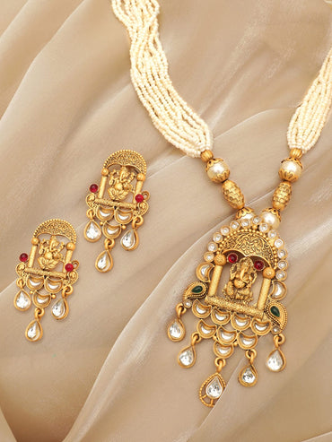 Rubans Lord Ganesha Temple Jewellery with White Beads Chain Necklace Set Jewellery Sets